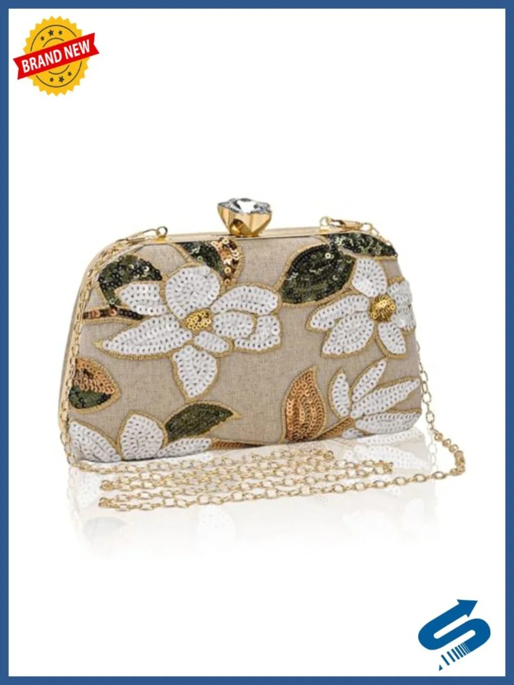 Beaded Embroidered Evening Clutch with Chain Floral Sequin Bag